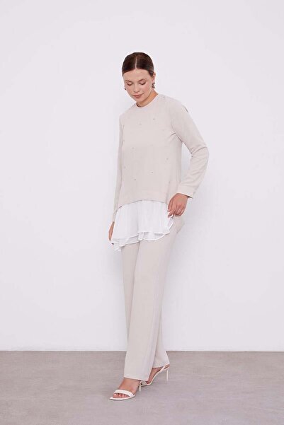 Levidor Beige Chiffon Detailed Tunic Suit