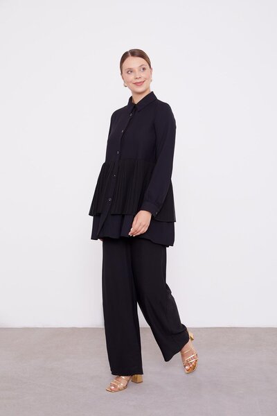 Levidor Black Chiffon Pleated Shirt Double Set