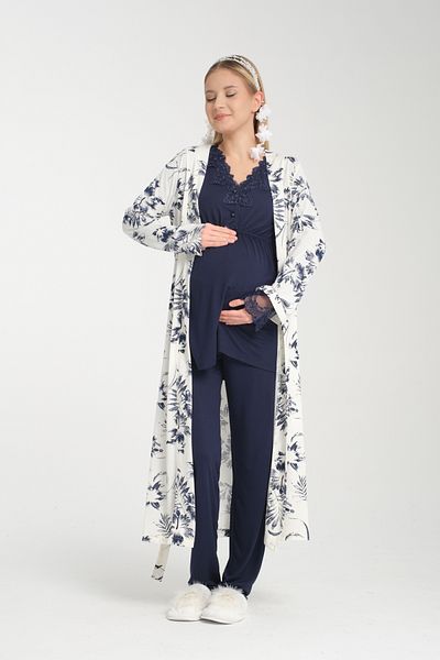 Effortt Navy Blue Maternity Pajamas Set with Leaf Patterned Dressing Gown and Nightgown