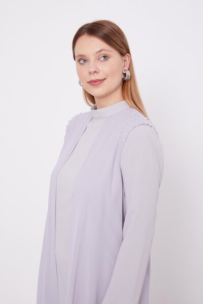 Levidor Gray Chiffon Shoulder Embroidered Double Suit