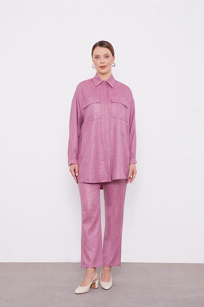 Levidor Plum Stone Embroidered Melange Shirt Double Set