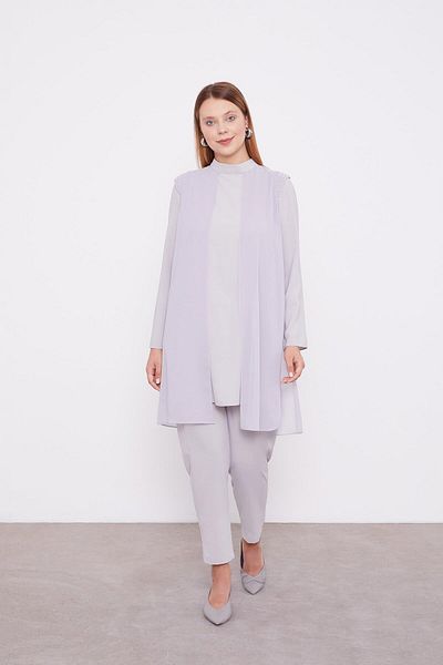 Levidor Gray Chiffon Shoulder Embroidered Double Suit