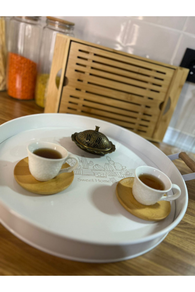 Parmetsan Ahşap Kulplu Krem Metal Tepsi Yuvarlak Çay Tepsisi Sunum Tepsisi Ta...