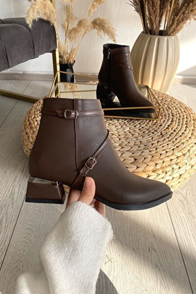 Tamdabu Ayakkabı Kahverengi Cilt 4 Cm Kalın Galvaniz Topuklu Bantlı Şık Günlük Kadın Bot