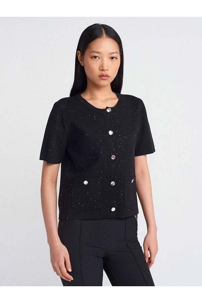 Dilvin 60920 Crew Neck Sequin Button Pocket Knitwear Cardigan-Black