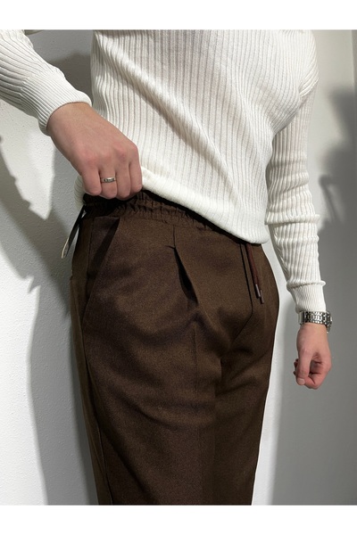 PLUS MAN Erkek Duble Paça Italyan Kesim Gabardin Kumaş Pantolon Kahverengi