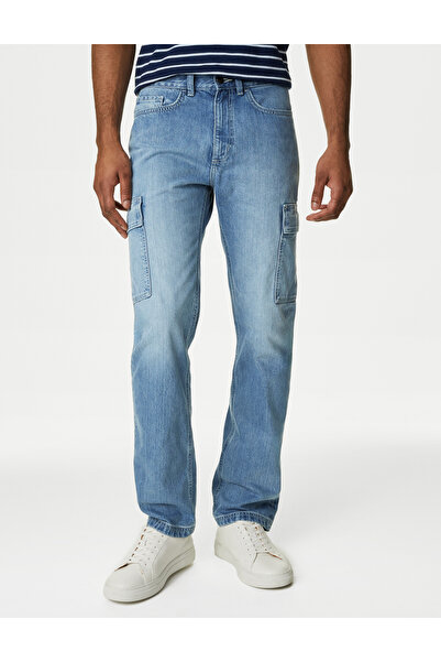 Marks & Spencer Saf Pamuklu Straight Fit Kargo Jean Pantolon