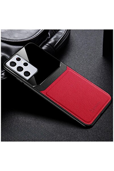 Zebana Samsung Galaxy S21 Ultra Compatible Case Lens Leather Case Red