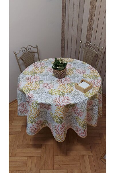 gonk Yuvarlak,mercan desenli,duck (SIVI İTİCİ ,LEKE TUTMAZ) kumaş,masa örtüsü