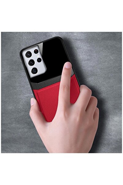 Zebana Samsung Galaxy S21 Ultra Compatible Case Lens Leather Case Red