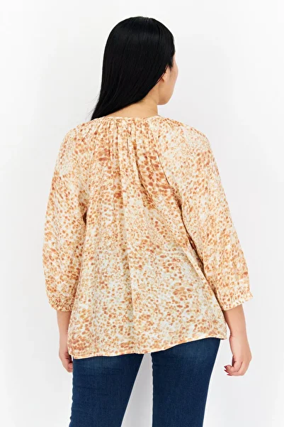 Cooper & Ella Women Tie Neck Long Sleeve Allover Print Top, Brown