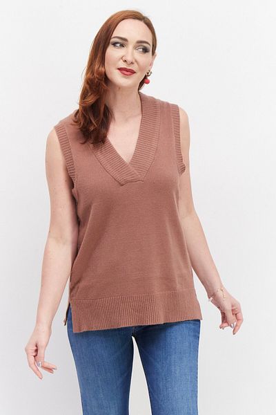 Threadbare سترة نسائية محبوكة بدون أكمام ورقبة على شكل حرف V، لون بني