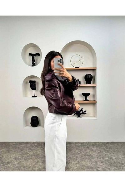 nekcollection Women's Burgundy Padded Lined Leather Jacket
