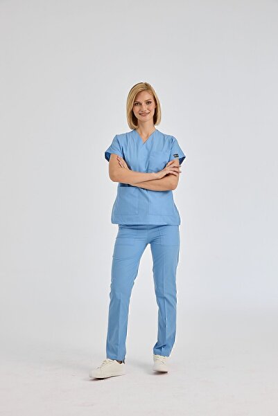 ÇİZGİ MEDİKAL Dr Greys Terikoton Tricou albastru deschis Doctor Nurse Tricou medical Costum chirurgical țesătură subțire (SUB-TOP)