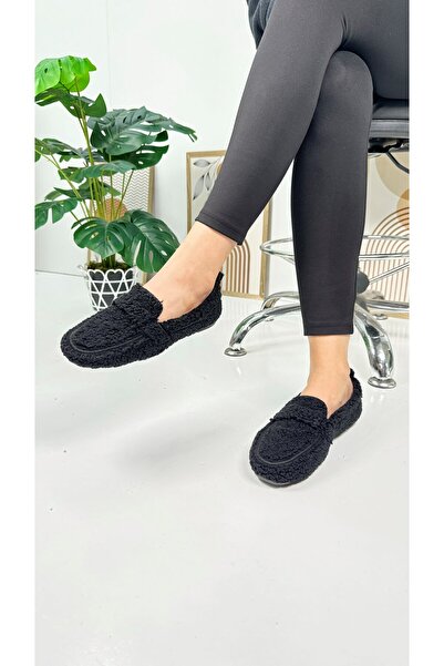 İmerShoes Чорні лофери з плюшевою підкладкою - овальний носок, підошва з низьким візерунком, жіноче взуття на щодень 375