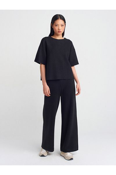 Dilvin 71833 Wide Leg Ribbed Trousers-Black