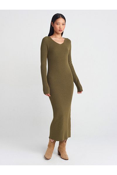 Dilvin 90242 Rochie din tricot cu nervuri cu decolteu în V cu textura moale-kaki