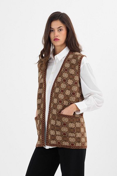 Uludağ Triko Women's Mink Monogram Patterned Pocket Knitwear Kilim Mother Vest