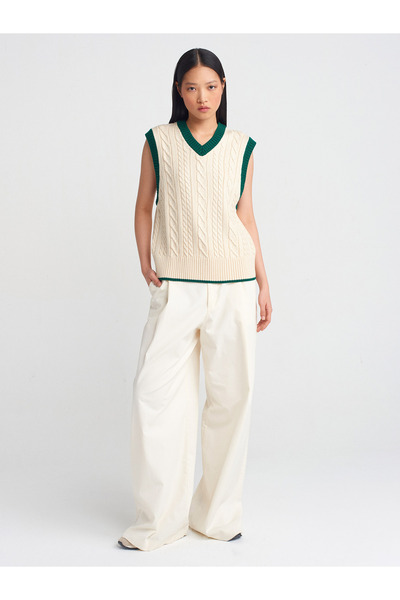 Dilvin 10691 V-Neck Braided Striped Knitwear Sweater-Ecru-Green