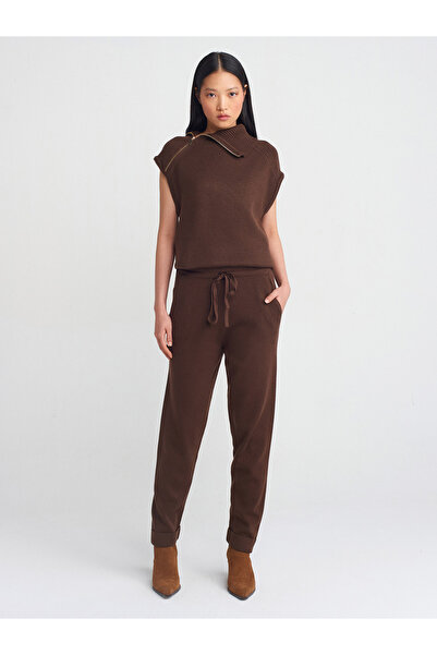 Dilvin 70166 Beli Lastikli Bağcıklı Triko Pantolon-Kahve