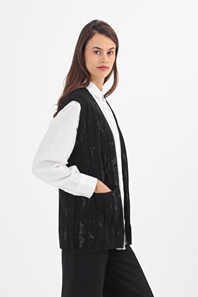 Uludağ Triko Women's Black Floral Print Pocket V-Neck Seasonal Knitwear Mother Vest