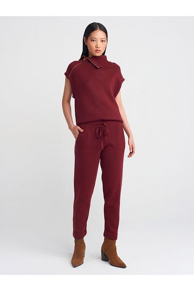 Dilvin 70166 Burgundy Knitwear Pants - Elastic Waist and Lace-Up