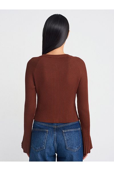 Dilvin 60246 Crew Neck Button Spanish Sleeve Knitwear Cardigan-Brown