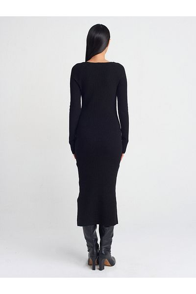 Dilvin 90242 V-Neck Soft Textured Ribbed Knitwear Dress-Black