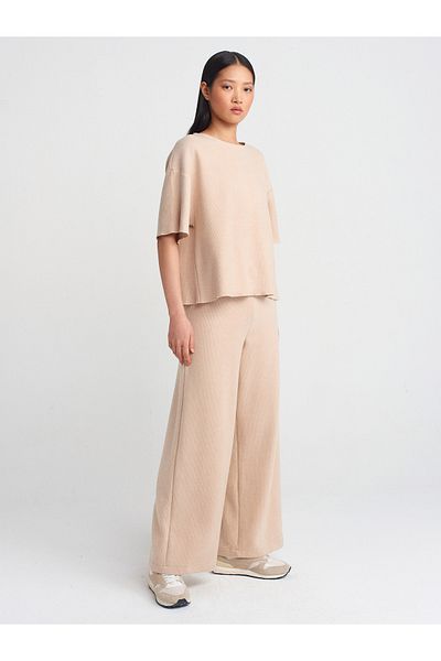 Dilvin 71833 Beige Colored Wide Leg Ribbed Trousers