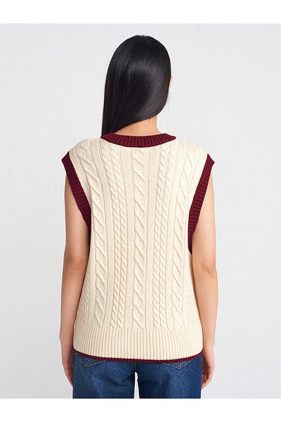 Dilvin 10691 V-Neck Braided Striped Knitwear Sweater-Ecru-Claret Red