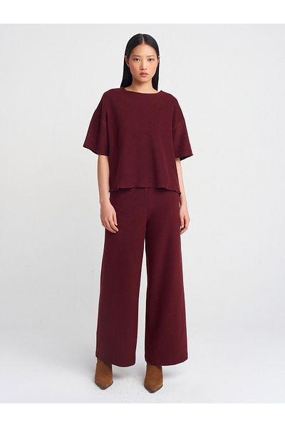 Dilvin 71833 Burgundy Ribbed Wide Leg Trousers