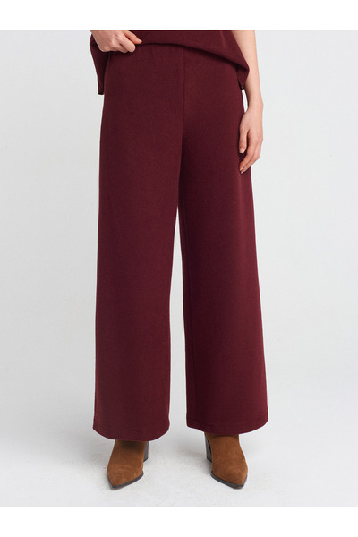 Dilvin 71833 Burgundy Ribbed Wide Leg Trousers