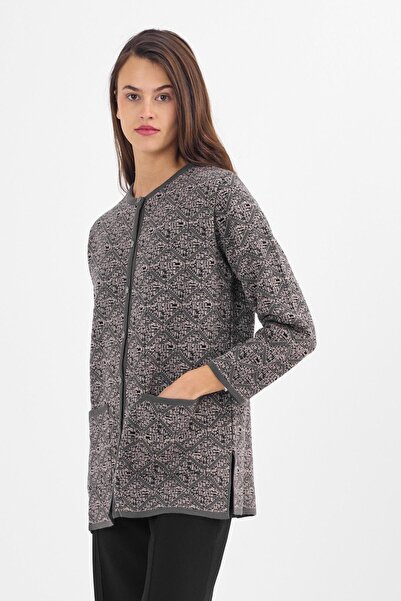 Uludağ Triko Women's Smoked Sand Embossed Lozenge Buttoned Cardigan