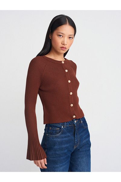Dilvin 60246 Crew Neck Button Spanish Sleeve Knitwear Cardigan-Brown