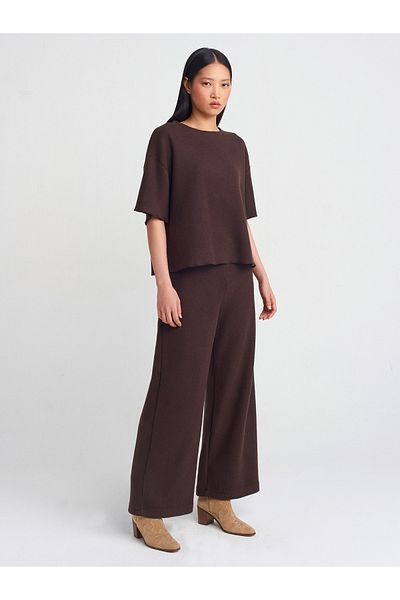 Dilvin 71833 Model - Brown Trousers with Wide Legs and Ribbed Cuts