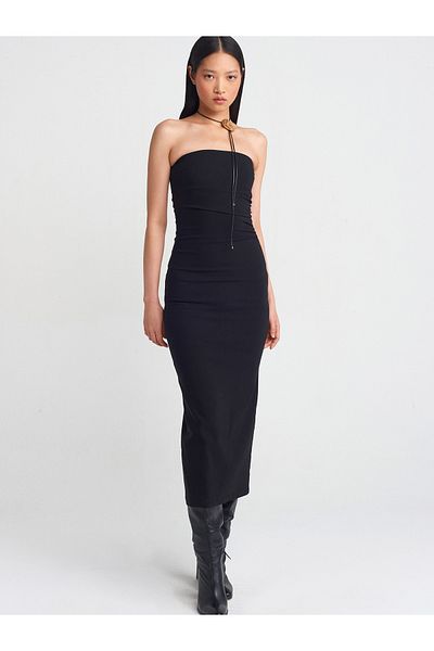 Dilvin 90911 Strapless Neckline Midi Dress-Black