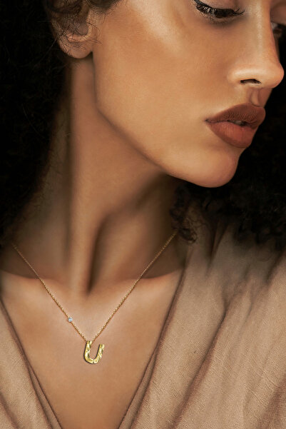 Demas Gold 14 Ayar Altın İtalyan Tasarim Pırlantalı  U Harfi Kolye