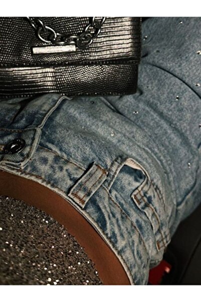 elpa wear Kadın yüksek bel taşlı jean tam kalıp taş gibi palazzo kot pantalon