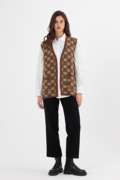 Uludağ Triko Women's Mink Monogram Patterned Pocket Knitwear Kilim Mother Vest