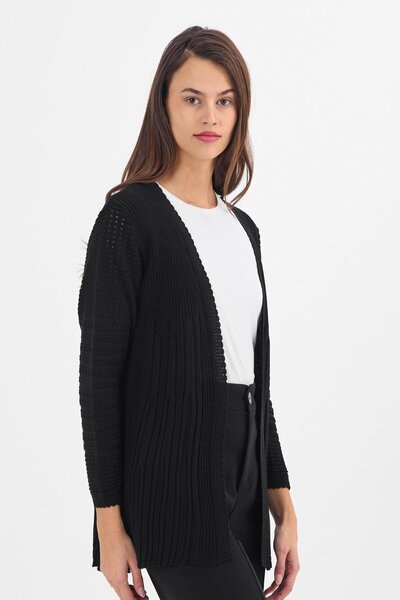 Uludağ Triko Women's Black Embroidered F Corded Fabric Buttonless Mother Knitwear Cardigan