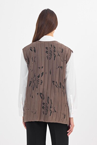 Uludağ Triko Women's Mink Floral Patterned Pocket V-Neck Seasonal Knitwear Mother Vest