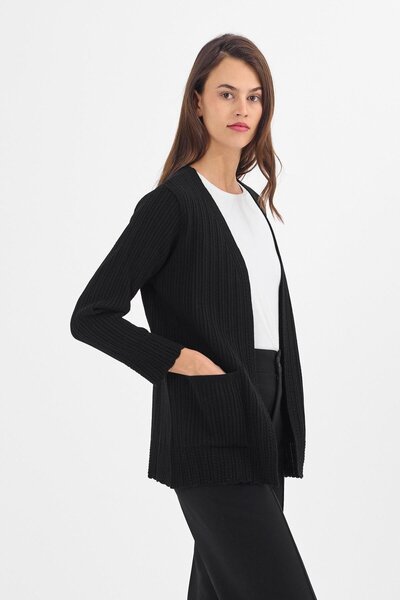 Uludağ Triko Women's Black Ribbed Plain Buttonless Mother's Knitwear Cardigan with Pockets