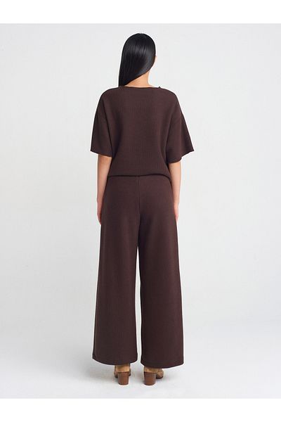 Dilvin 71833 Model - Brown Trousers with Wide Legs and Ribbed Cuts