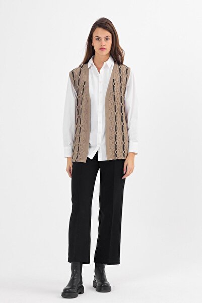 Uludağ Triko Kadın Kum Simli Burgu Desenli Mevsimlik Triko Yelek