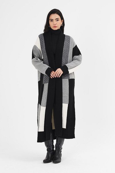 Uludağ Triko Kimono negru cu modele de mozaic pentru femei