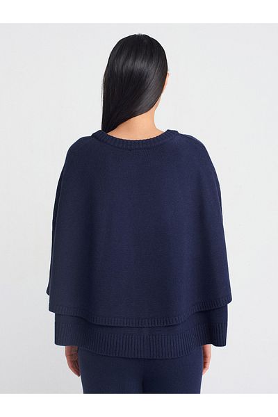 Dilvin 60929 Crew Neck Cloak Buttoned Knitwear Cardigan-Navy Blue