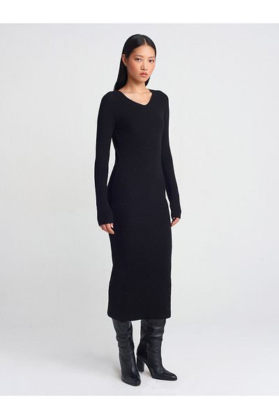 Dilvin 90242 V-Neck Soft Textured Ribbed Knitwear Dress-Black