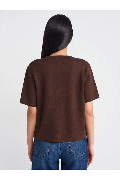 Dilvin 60287 Crew Neck Button Pocket Knitwear Cardigan-Coffee