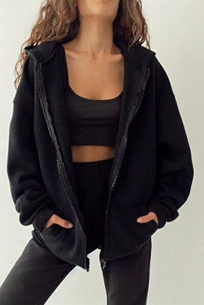 YAKAMEL سترة نسائية شتوية سميكة بجيب الكنغر بسحاب أسود