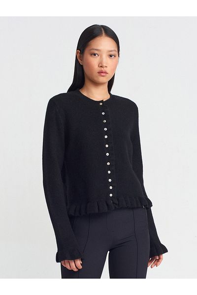 Dilvin 60934 Crew Neck Ruffle Detailed Buttoned Knitwear Cardigan-Black